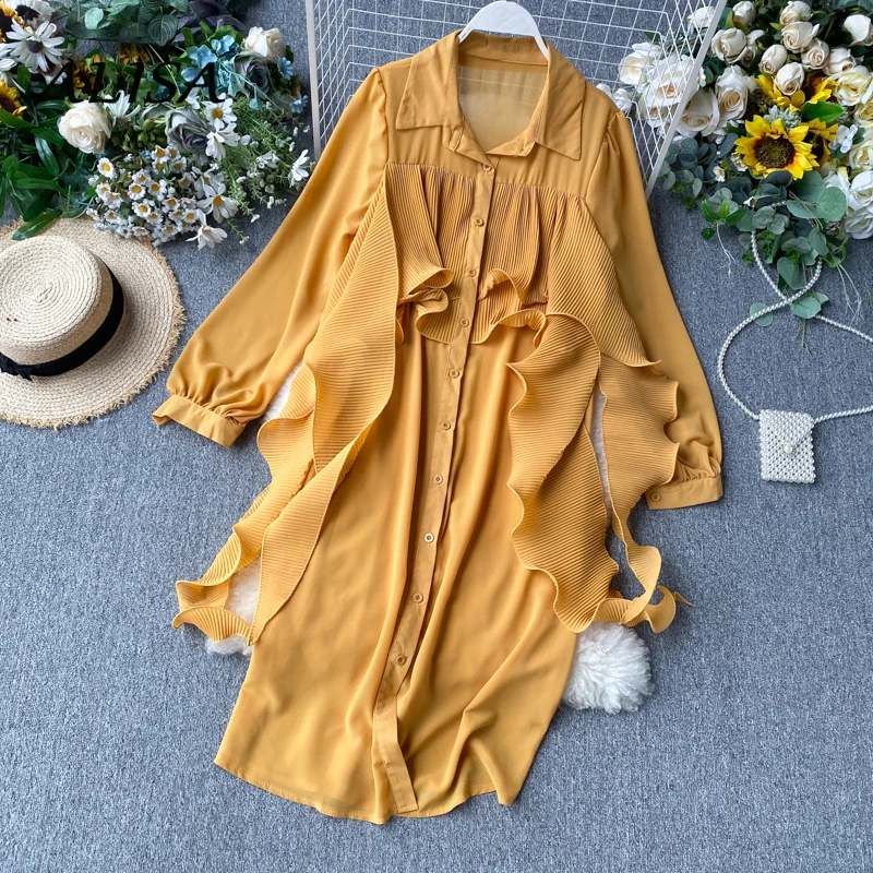 

New Women Elegant Blouse Fashion Spring Autumn Single-breasted Irregular Ruffles Medium Long Shirts Ladies Pleated Chiffon Tops