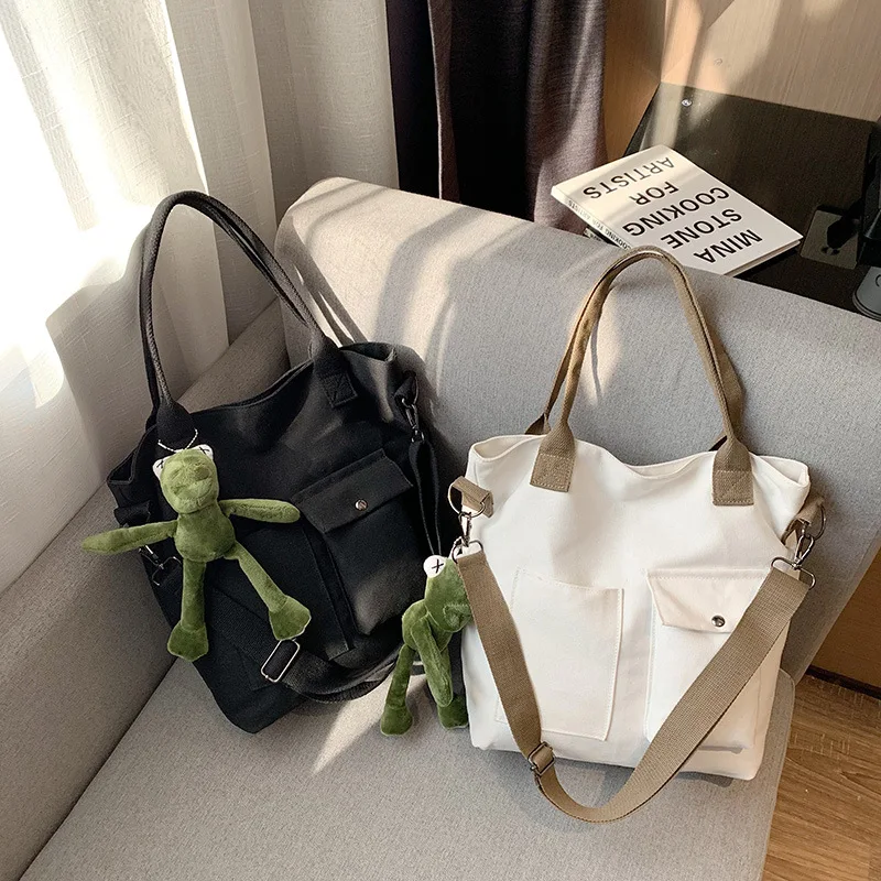 

South Korea Solid Color Tote Bag Large Bag New Style Large Capacity Handbag Minimalist Style Pendant One Shoulder Canvas Bag Sim