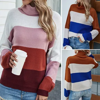 

Women Striped Contrast Color Turtleneck Sweaters Long Sleeve Oversize Knitted Pullovers Loose Sweaters