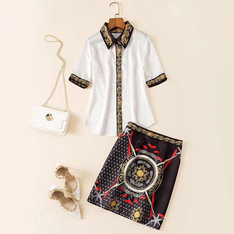 

New women s net red temperament Lapel short sleeve shirt waist A line Skirt Set two piece