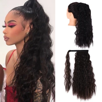 

JINKAILI Kinky Curly Long Ponytail Synthetic Hairpiece Wrap on Clip Hair Extensions Brown Pony Tail Blonde Fack Hair