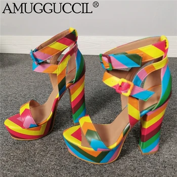 

Customize 2020 New Plus Big Size 35-52 Colorful Buckle Fashion High Heel Platform Party Summer Female Women Lady Sandals L1179