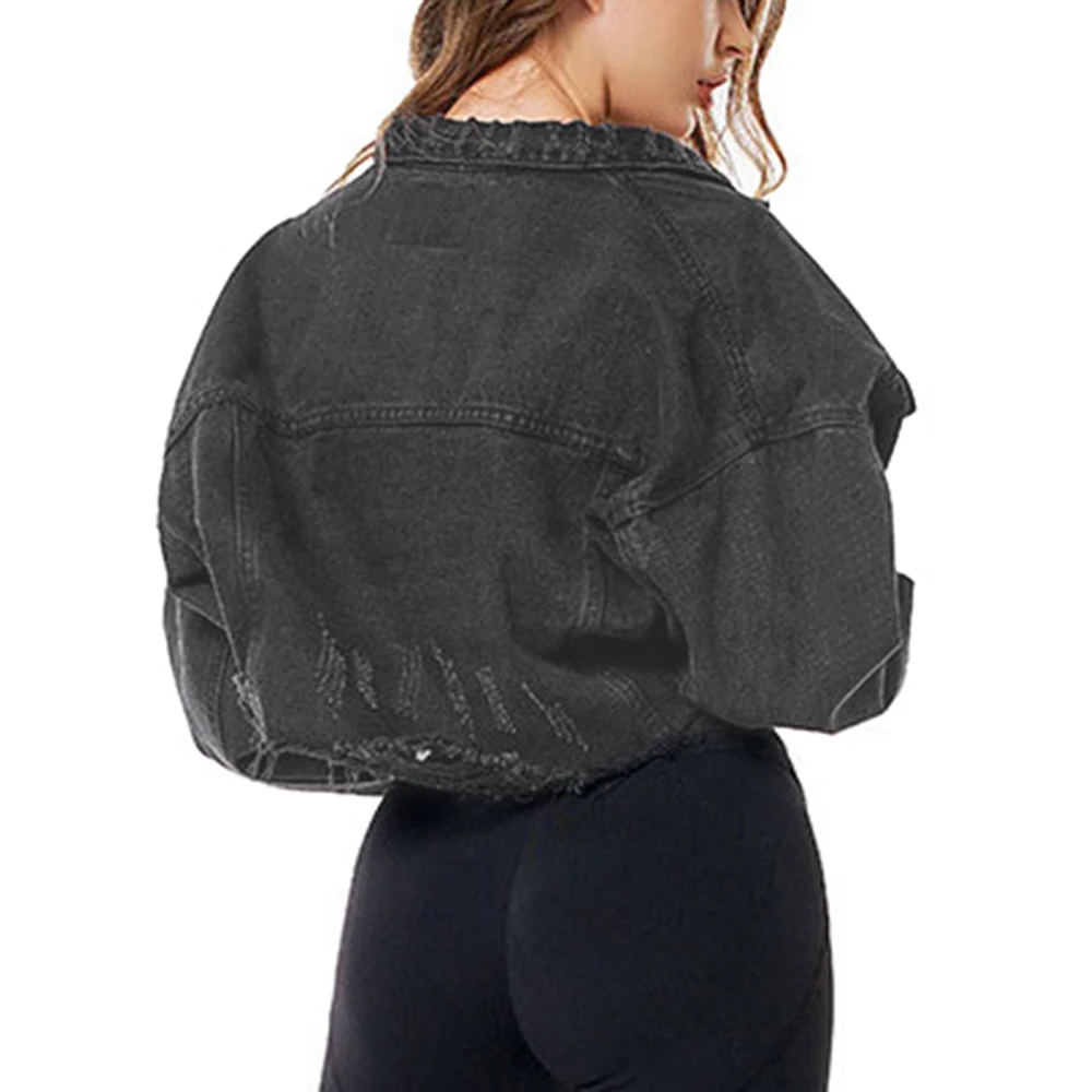 Черная джинсовая куртка с длинным рукавом и потертостями, укороченная джинсовая куртка для женщин, высокая уличная однобортная однотонная короткая куртка