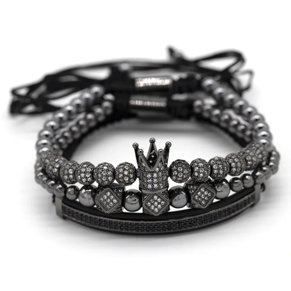 Luxury Jewelry CZ Ball Crown Charm Bracelet Copper Bead Macrame Handmade Men 3pcs Bracelets Set Bangles For Men Jewelry