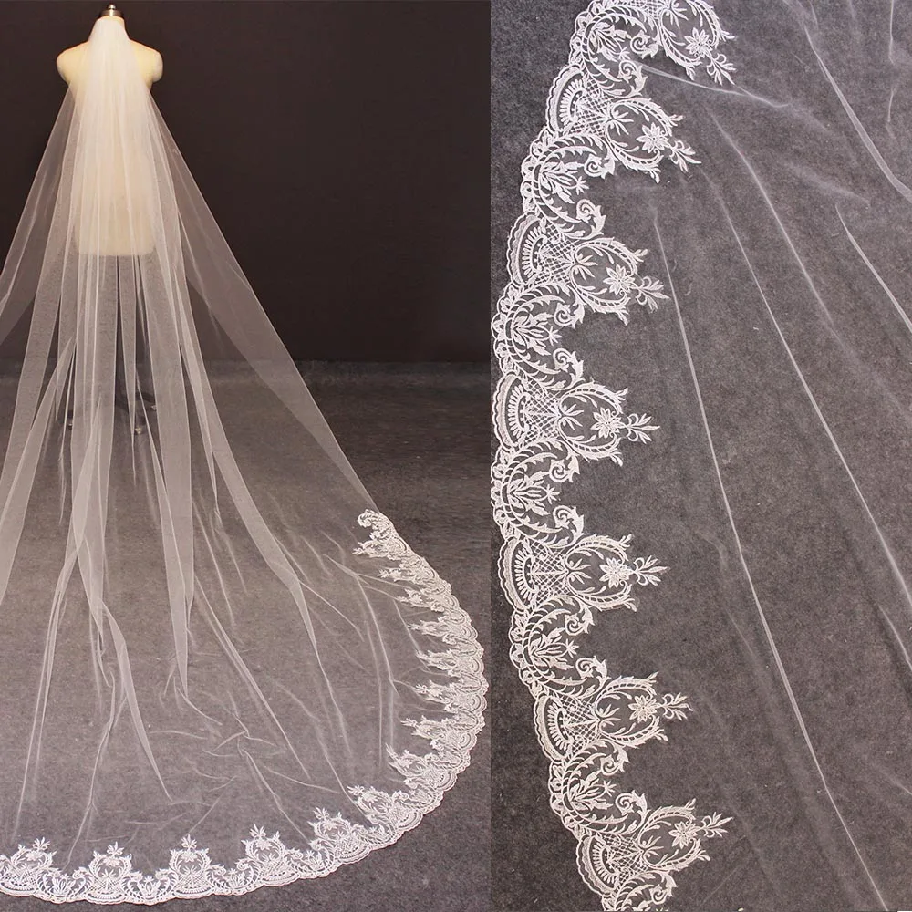 

High Quality Lace Long Bridal Veil Partial Lace Wedding Veil with Comb Veu de Noiva Tulle Veil With Comb Wedding Accessoires