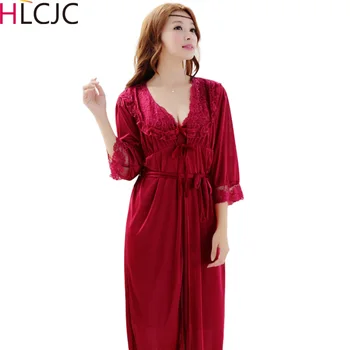 

Brand Two-Pieces Female Summer Nightwear Set Sexy Lace & Satin Patchwork Women Robe & Gown Sets Kimono Bathrobe + Nightdress