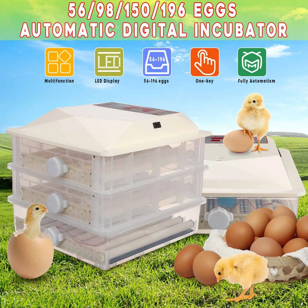 

LED Fully Automatic Incubator 56~196 Eggs Chicken Egg Bird Duck Egg Hatcher Poultry LED Display Auto Turning Incubator Machine
