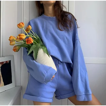 

Oversized Solid O Neck Women Streetwear Sets Ladies Bat Sleeve Pullovers+Lace Up Shorts Suit 2020 Autumn Casual Loose Female Set