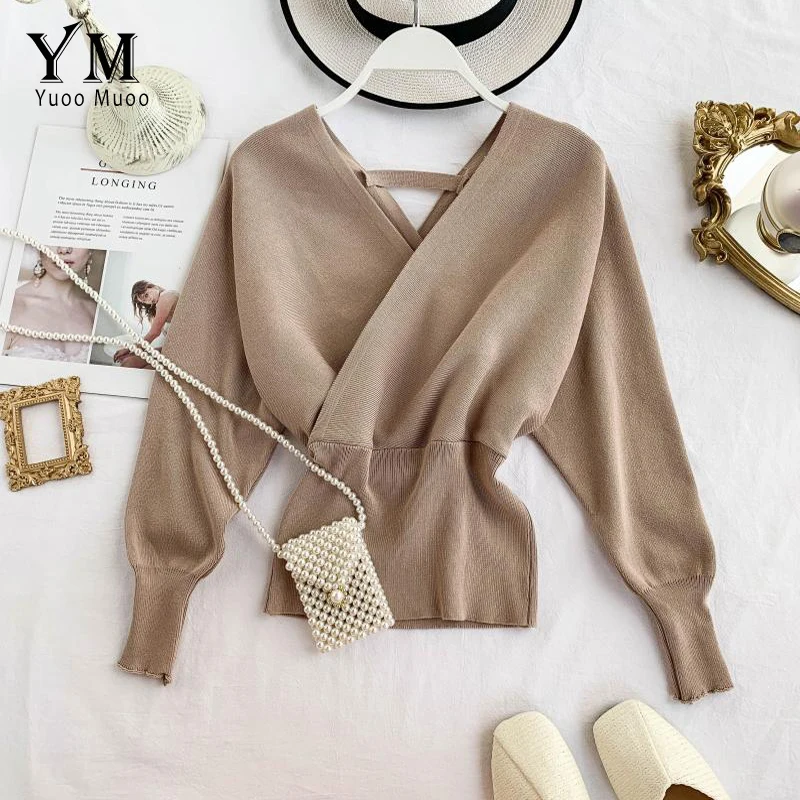 YuooMuoo Good Quality Soft Sweater Women Elegant V Neck Long Batwing Sleeve Knitted Pullover Ladies Outfit Jumper Top | Женская одежда