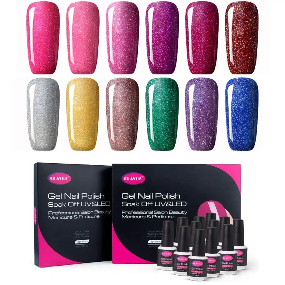 

CLAVUZ Gel Nail Polish Set 12PCS Neon Bling Nail Varnish Soak Off UV LED Gel Nail Kits 8ML