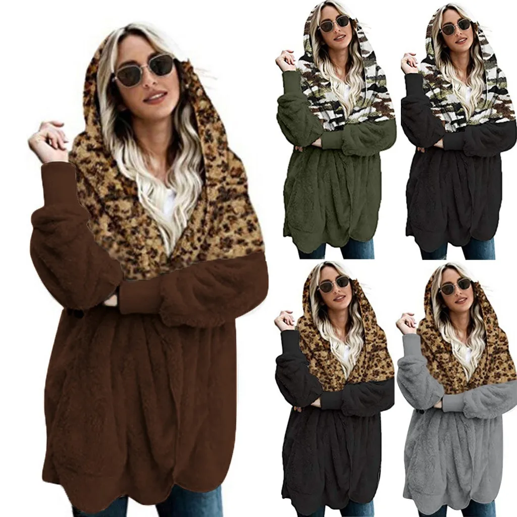 Женское пальто 2019Top Женское зимнее пальто плюс размер куртка теплая леопардовая комбинированная верхняя одежда плюшевый карман длинное пальто для женщин Winterjas Dames