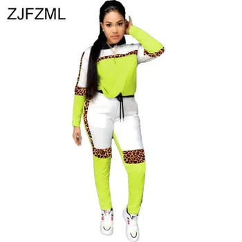 

Leopard Spliced Casual Two Piece Tracksuit Women Clothes Long Sleeve Hoodie and Bandage Pants Sweat Suits Plus Size Matching Set