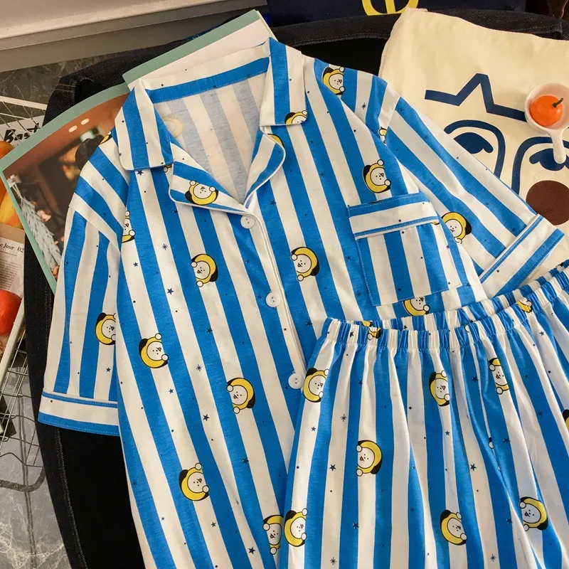 Новая одежда для сна с героями мультфильмов; пижамные комплекты в полоску с принтом сердца; женские пижамы в стиле Харадзюку; Мужская и женская рубашка с длинными рукавами; ночная рубашка; комплект одежды для сна - Цвет: blue