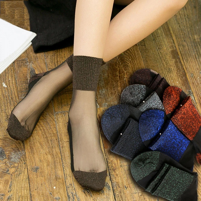 

Women Socks Ultra Thin Transparent Summer Glitter Crystal Silk Meias Fashion Lace Breathable Shiny Elastic Short Socks Female