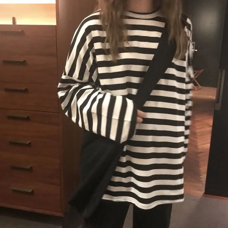 Women harajuku Striped Tshirt Long Sleeve O-Neck T-Shirts ulzzang Korean Casual T Shirt Femme black Tops spring Autumn