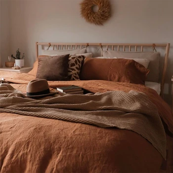 

Natural LINEN Bedding Set Solid Duvet Cover Set Soft Bedclothes Home 4pcs Caramel Bed Linens Modern Style Bed Set