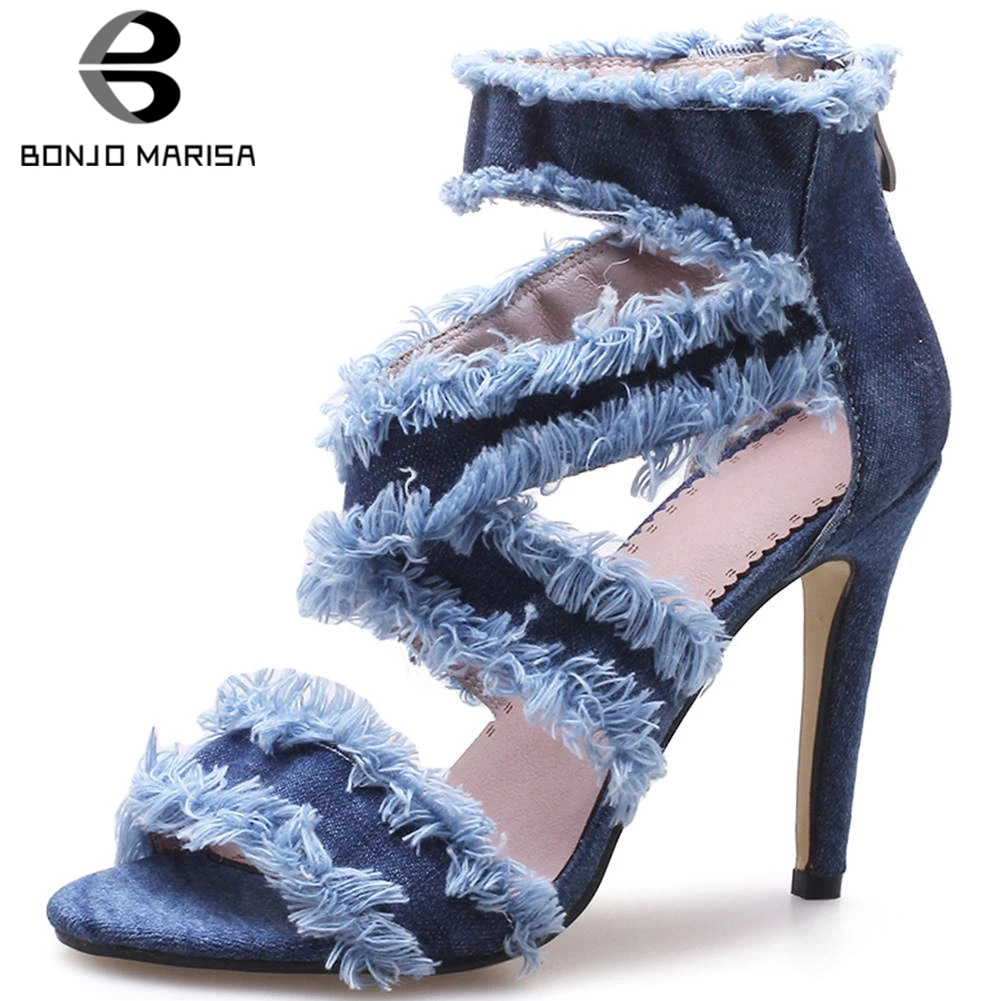 

BONJOMARISA New Big Size 33-43 Ladies Thin High Heels Sandals Fashion Denim Zip Summer Sandals Women 2020 Party Sexy Shoes Woman