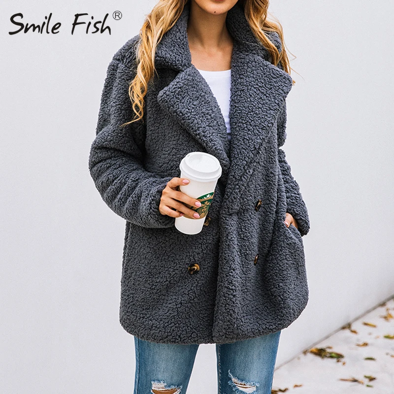 remarkable  Plush Teddy Jackets Warm Winter Women Coat Buttons Solid Turn Down Collar Plus Size Coats 3XL Pocke