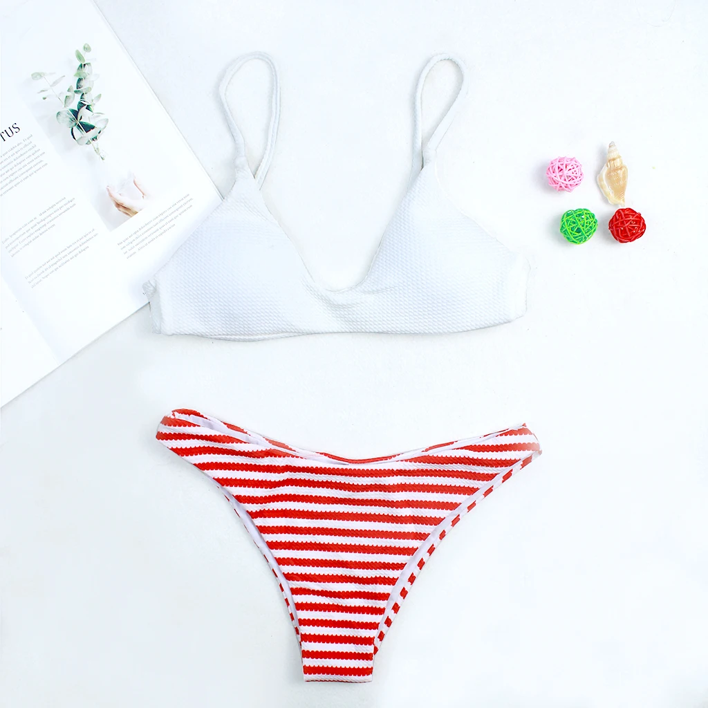 

2019 New Women Bikini Set Triangle Swimsuit Two -Pieces Swimwear Red Striped Beachwear Low Waist Swim Suit Lady's Bathing Suit