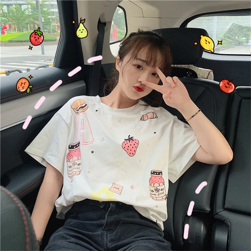 Lychee Harajuku клубника печати свободная женская летняя футболка короткий рукав женская футболка вырез лодочкой женские футболки