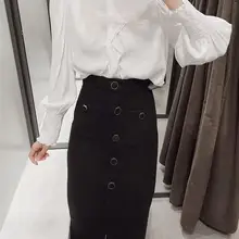 Новые осенне-зимние твидовые юбки в стиле ретро, женские юбки с высокой талией и пуговицами, повседневные юбки средней длины с плотным карманом в стиле ампир