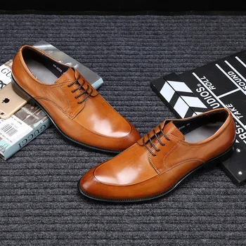 

British Korean Men's Leather Leather Business Dress Shoes Men's Fashion Pointed Yellowish-brown Shoes Genuine Leather Oxfords