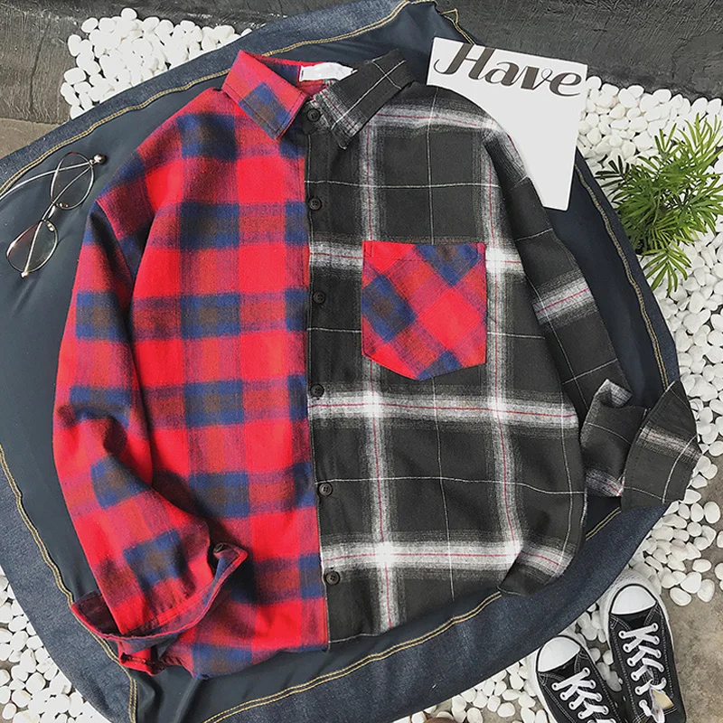 Свободная тонкая женская рубашка в клетку новая дикая Harajuku Bf Han Студенческая куртка топ корейская модная одежда уличная обычная - Цвет: Red