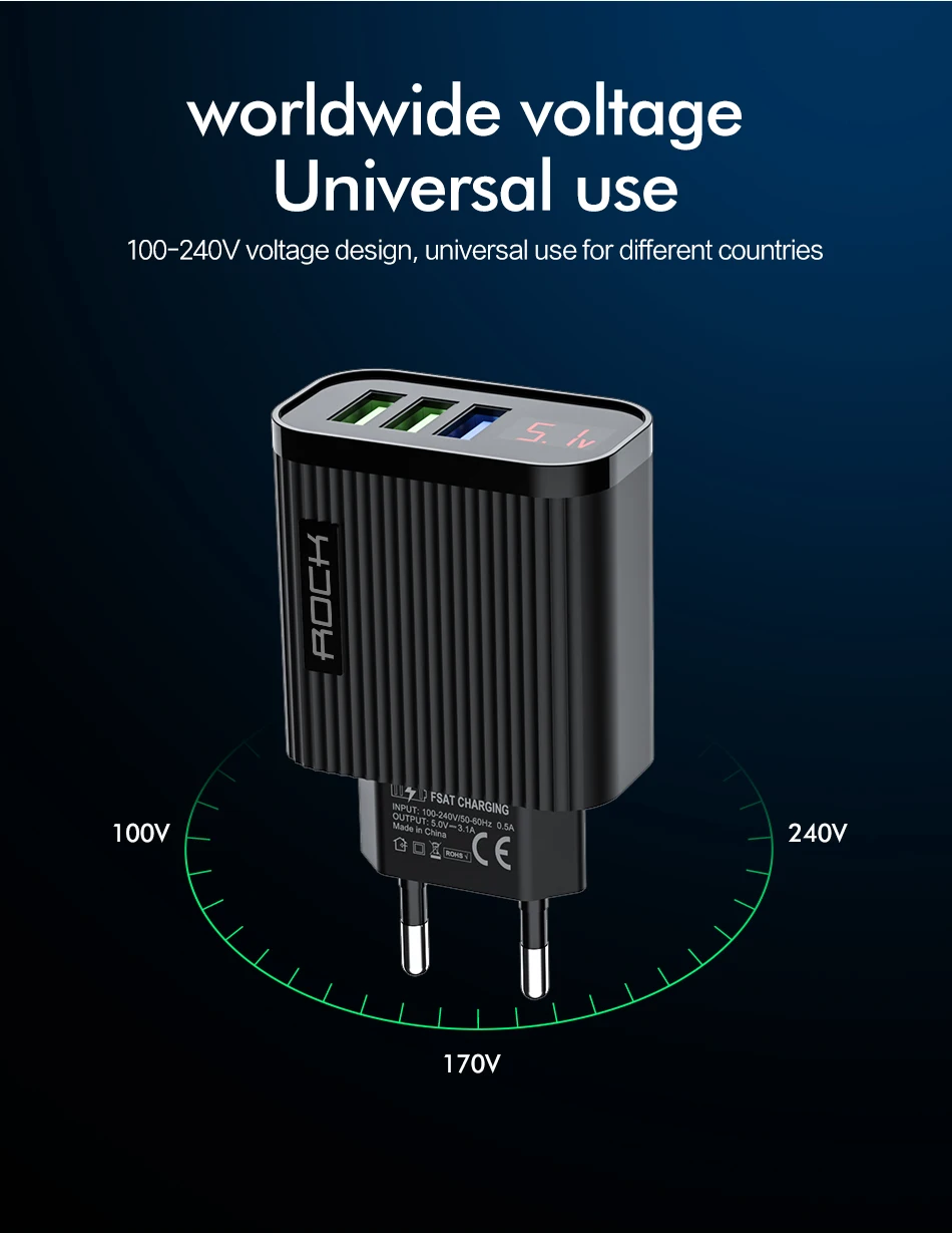 ROCK 3 USB зарядное устройство для телефона 3A MAX EU настенное зарядное устройство для iPhone 11 X XS MAX samsung Xiaomi умное быстрое зарядное устройство с светодиодный дисплеем