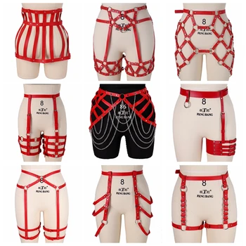 

Gothic Leather Garter Belt Suspender Thigh Cage Rivet Ring Plus Size Pole Dance Rave Body Chain Red Sexy Lingerie Leg Harness