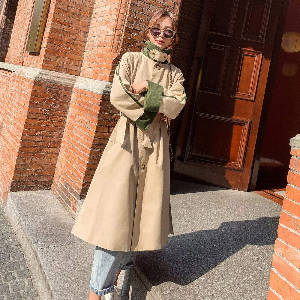 

Photo Shoot 2019 Autumn New Style Fashionable Korean-style WOMEN'S Coat Retro CHIC-Style Single-Breasted Waist Hugging Contrast