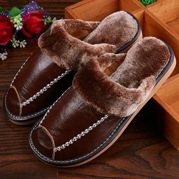 

Winter Men's Slippers Genuine Leather Home Indoor Non-Slip Thermal Shoes Men 2019 New Warm Winter Slippers Plus Size