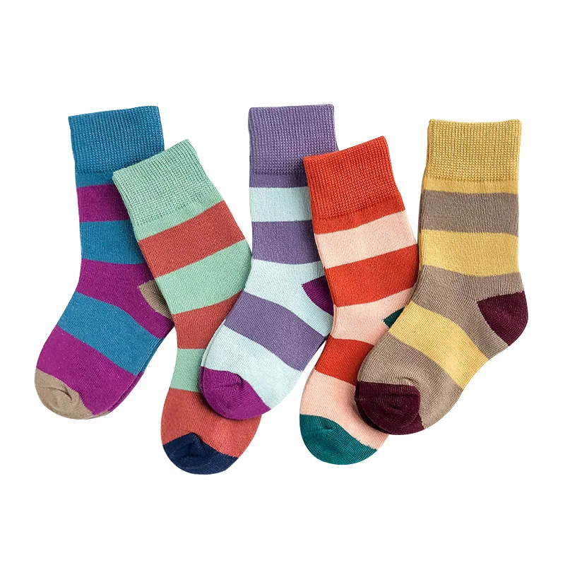 5 пар/лот, Детские хлопковые носки для мальчиков и девочек, милые спортивные носки в полоску с мультипликационным принтом для малышей на осень и зиму, модные детские носки с вышивкой - Цвет: C111