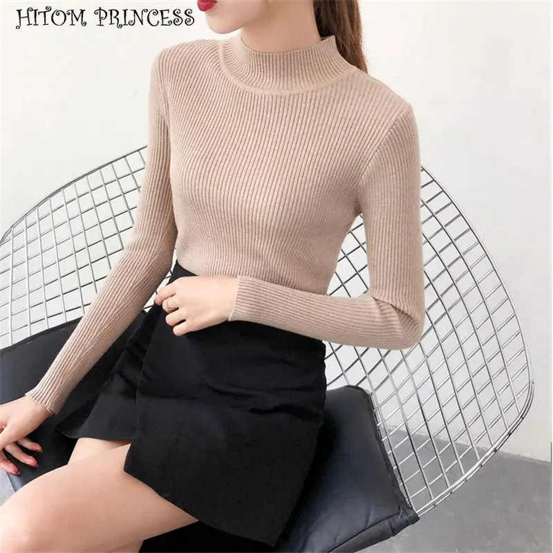 

HITOM PRINCESS Winter Turtleneck Pullovers Sweater Autumn Skinny Elastic Basic Knitted Women Sweaters Korean Slim Fit Jumper