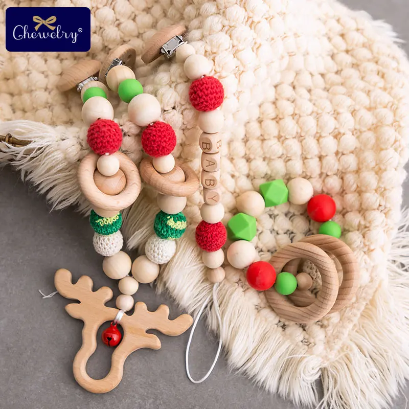 

Wooden Teether Baby Play Gym Christmas Elk Pacifier Clip Chain Silicone Beads Dummy Clip Baby Teether DIY For Kids Stroller Toys