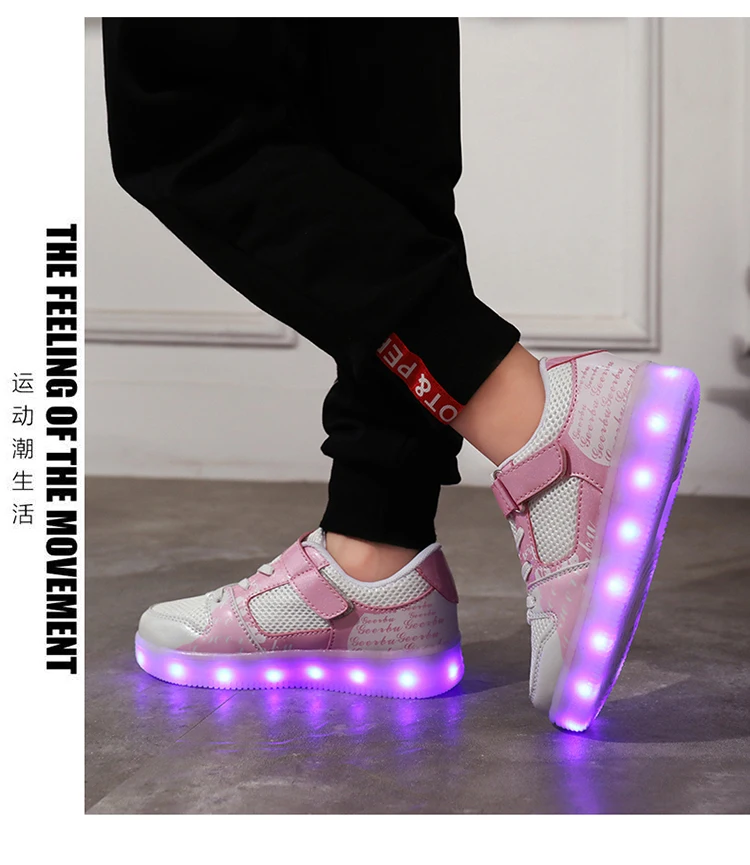 Новые модные зарядка через usb Led детская обувь с светильник со шнуровкой для девочек и мальчиков младшего возраста светящиеся кроссовки обувь крыло розового и черного цвета