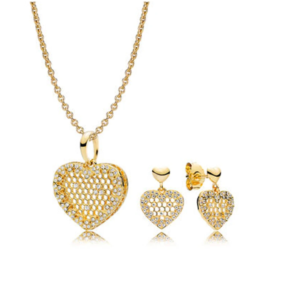 925 Sterling Silver New 1:1 Genuine Beehive Heart Shape 18K Gold Hollow Charm Pendant Necklace Set - Цвет камня: Белый