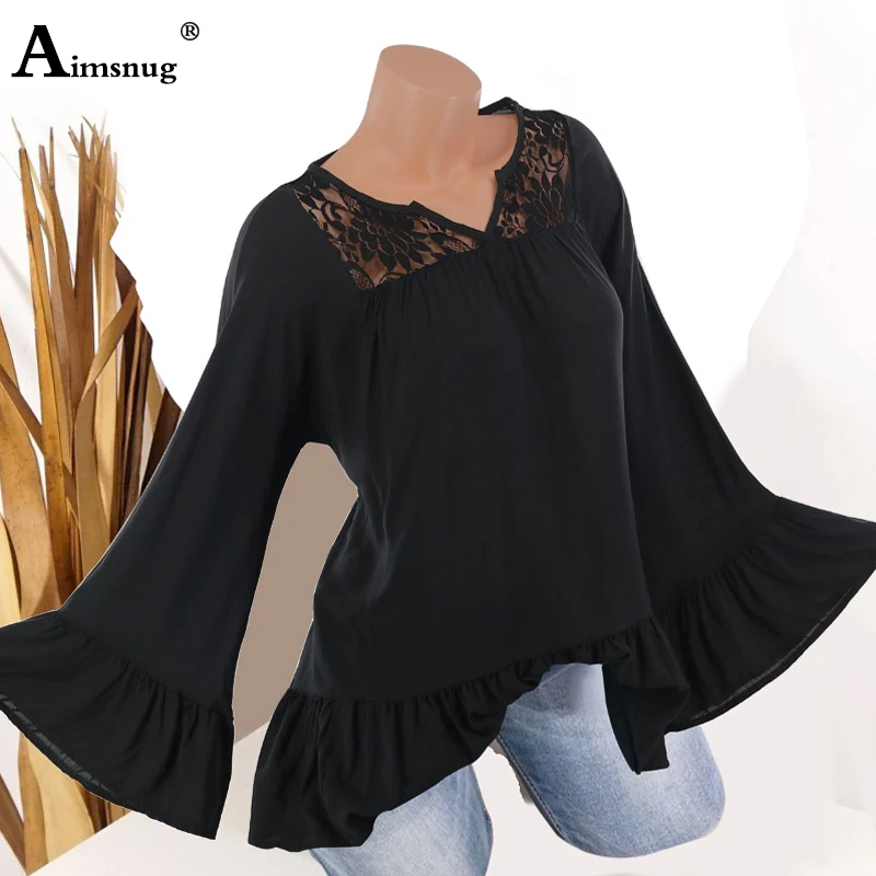 Плюс размер 4xl 5xl Кружева сращивания женские новые осенние Boho твердые черные топы длинный рукав "Бабочка" Женская футболка Повседневная футболка - Цвет: Black