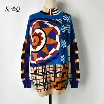 

Brand Designer Winter Christmas Women Jumper Sun Flower Plaid Longa Sweater Pullover Loose Luxury Vintage Turtlumeck 2019 New