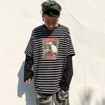 

Male Streetwear Hip Hop Fashion Casual Loose Couple Tees Shirts Men Gradient Print Splice Long Sleeve Stripe T-shirt
