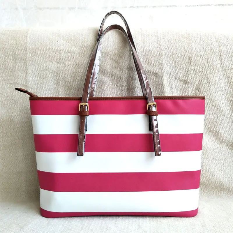 

2019 Autumn New Style WOMEN'S Bag Navy Style Bold Stripes Handbag Cross Pattern PU Leather Shoulder Big Bag Fashion