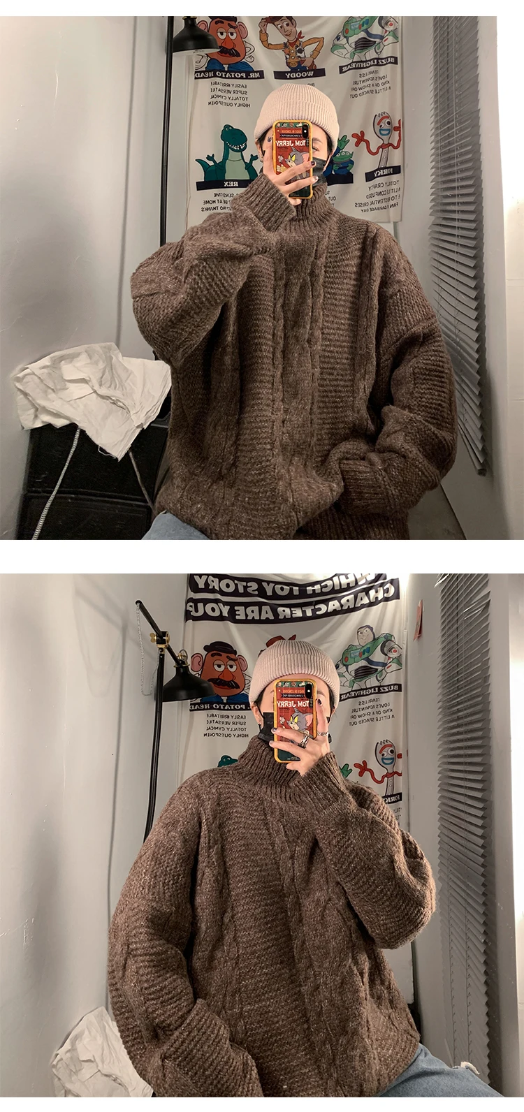 Зимний утолщенный свитер с высоким воротом, мужской теплый модный однотонный вязаный пуловер, мужской свободный свитер с длинным рукавом, мужская одежда