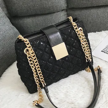 

Lace Women's handbag Diamond pattern chain Shoulder bag for Women's Totes pu leather Ladies crossbody bags black