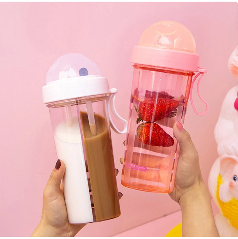 420/600ml Kawaii Double Straw Water Bottles Creative Lovers Drink Cup for Girls Portable Sports Plastic Water Bottle BPA Free