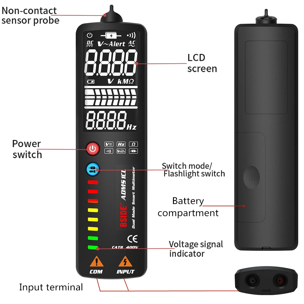 BSIDE 2.4’‘ LCD Voltage Detector Non-contact Circuit Volt Tester Pen Voltmeter NCV Socket Live Wire Check Hz Ohm Continuity