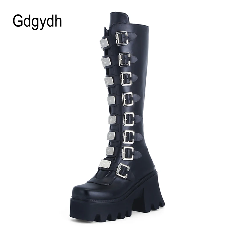 Gdgydh Fashion Metal Buckle Platform Knee High Boots Punk Shoes Woman Brand Design Gothic Cosplay Rubber Sole Darkness Girls