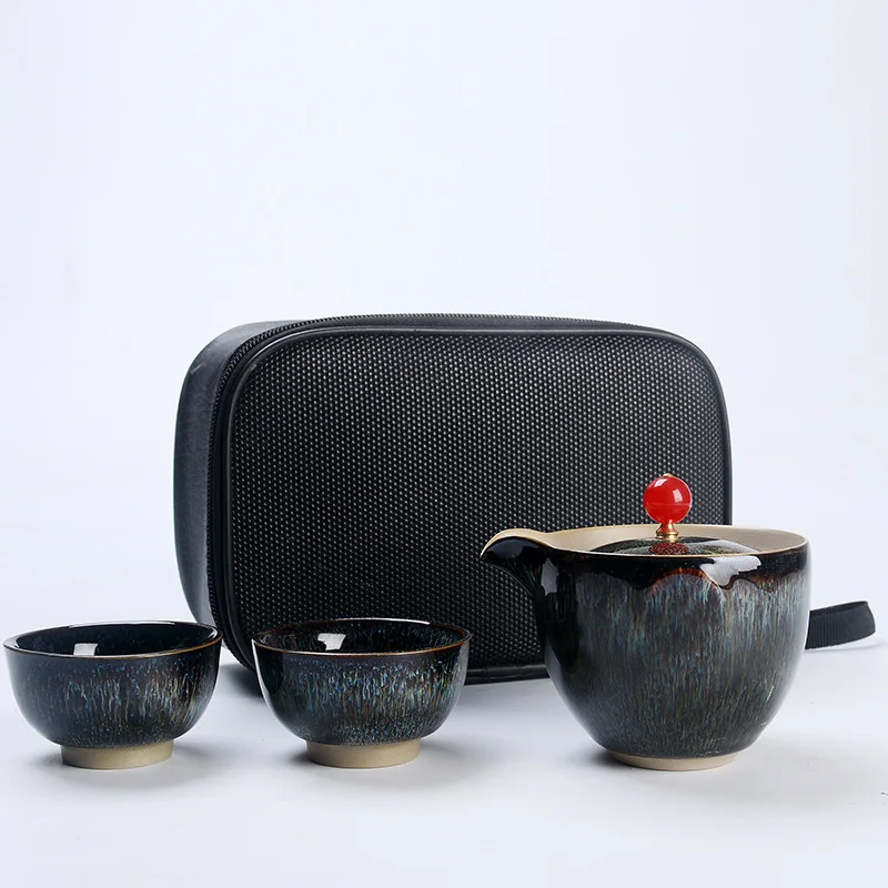 

Manufacturers Direct Selling Kiln Baked Jun Porcelain Travel Tea Set Quik a Pot Two Cup Gift Box Business Gift Customization Log