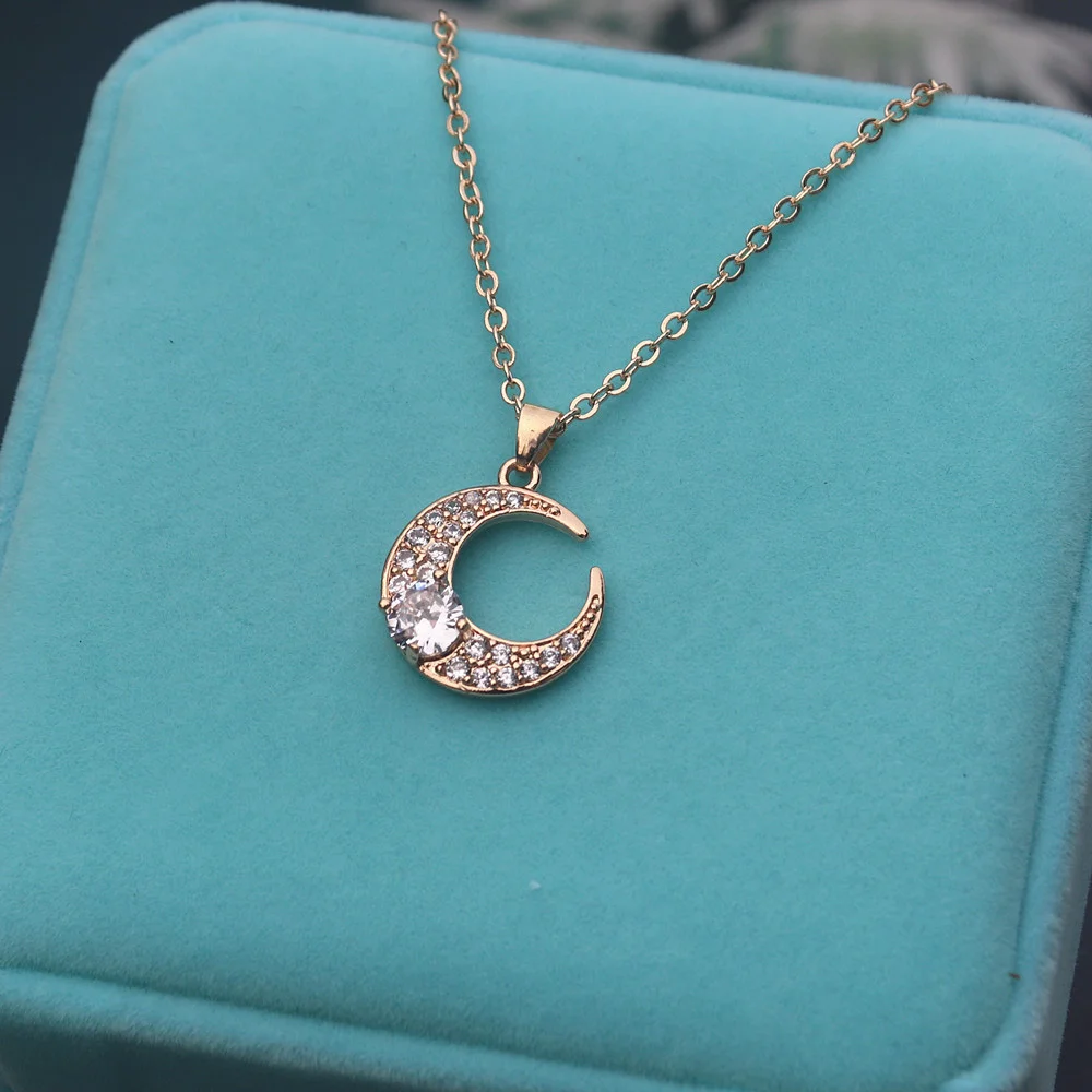 Zircon Crescent Moon Pendant Necklace 