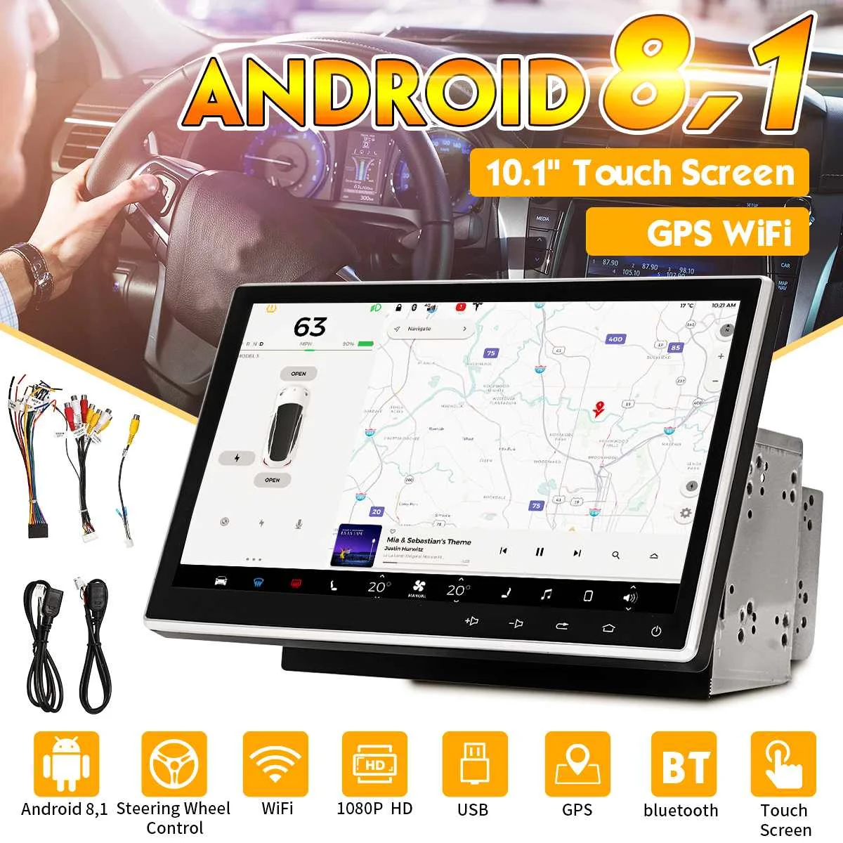 10.1" HD Touch Screen Car Stereo Radio 2DIN Android 8.1 Quad Core 1GB+16GB GPS 