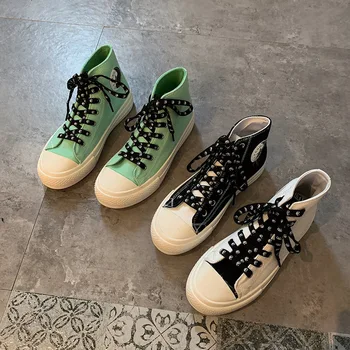 

2019 autumn new canvas shoes women fashion simple color matching print lace decoration comfortable breathable casual shoes