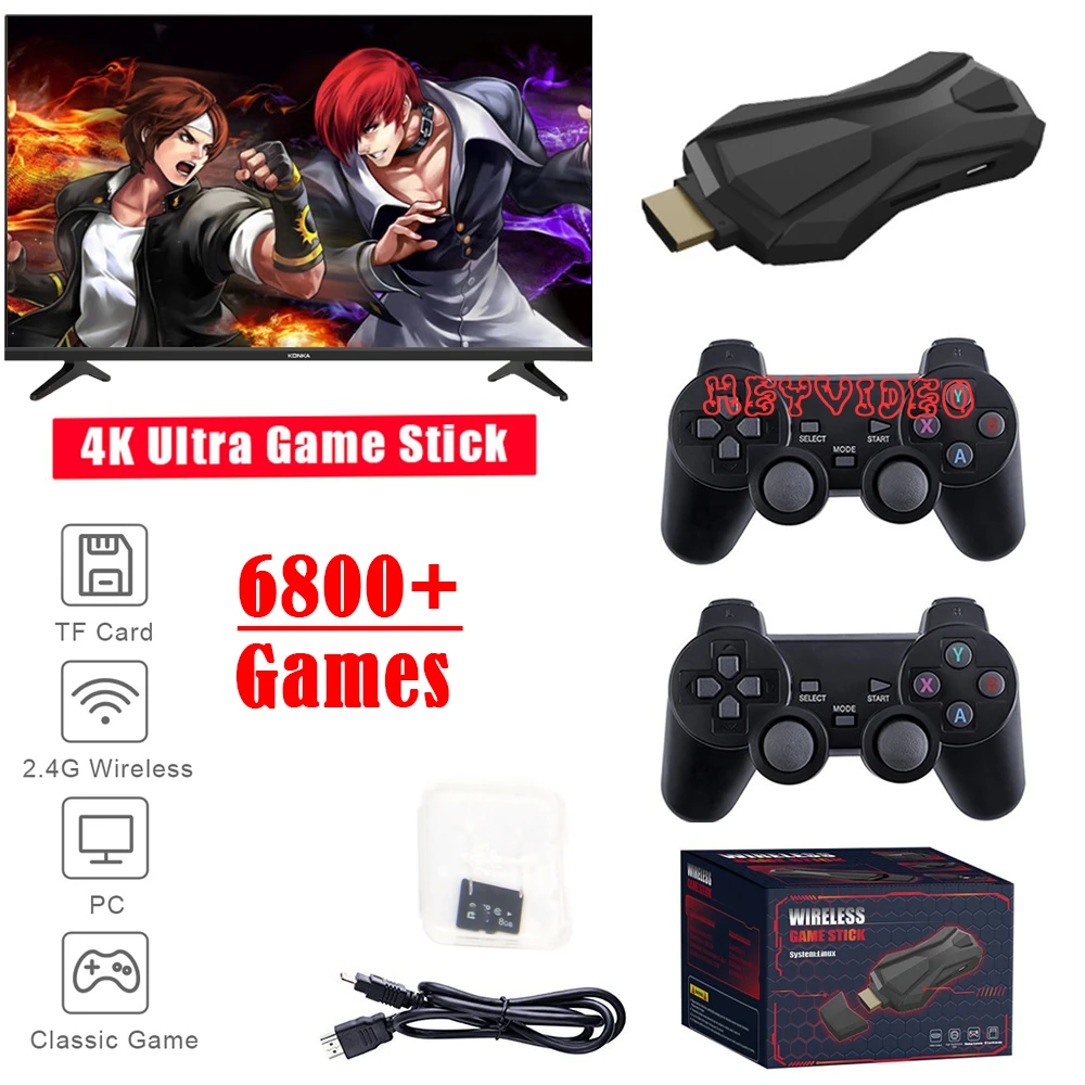 Wireless Video Game Console 4K Game Stick HD Display on TV Projector Monitor Classic Retro 6800 +Games Double Controller Player